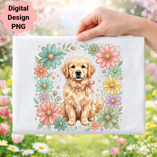 Golden retriever puppy surrounded by pastel flowers and leaves.