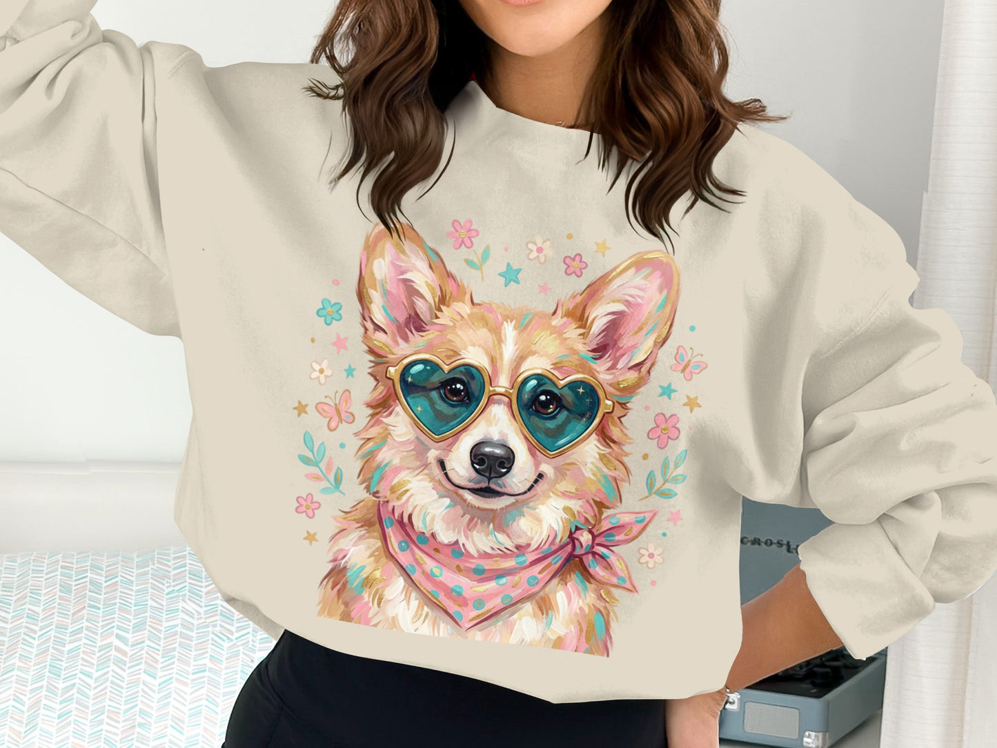Corgi dog wearing heart sunglasses and bandana, surrounded by flowers and butterflies.