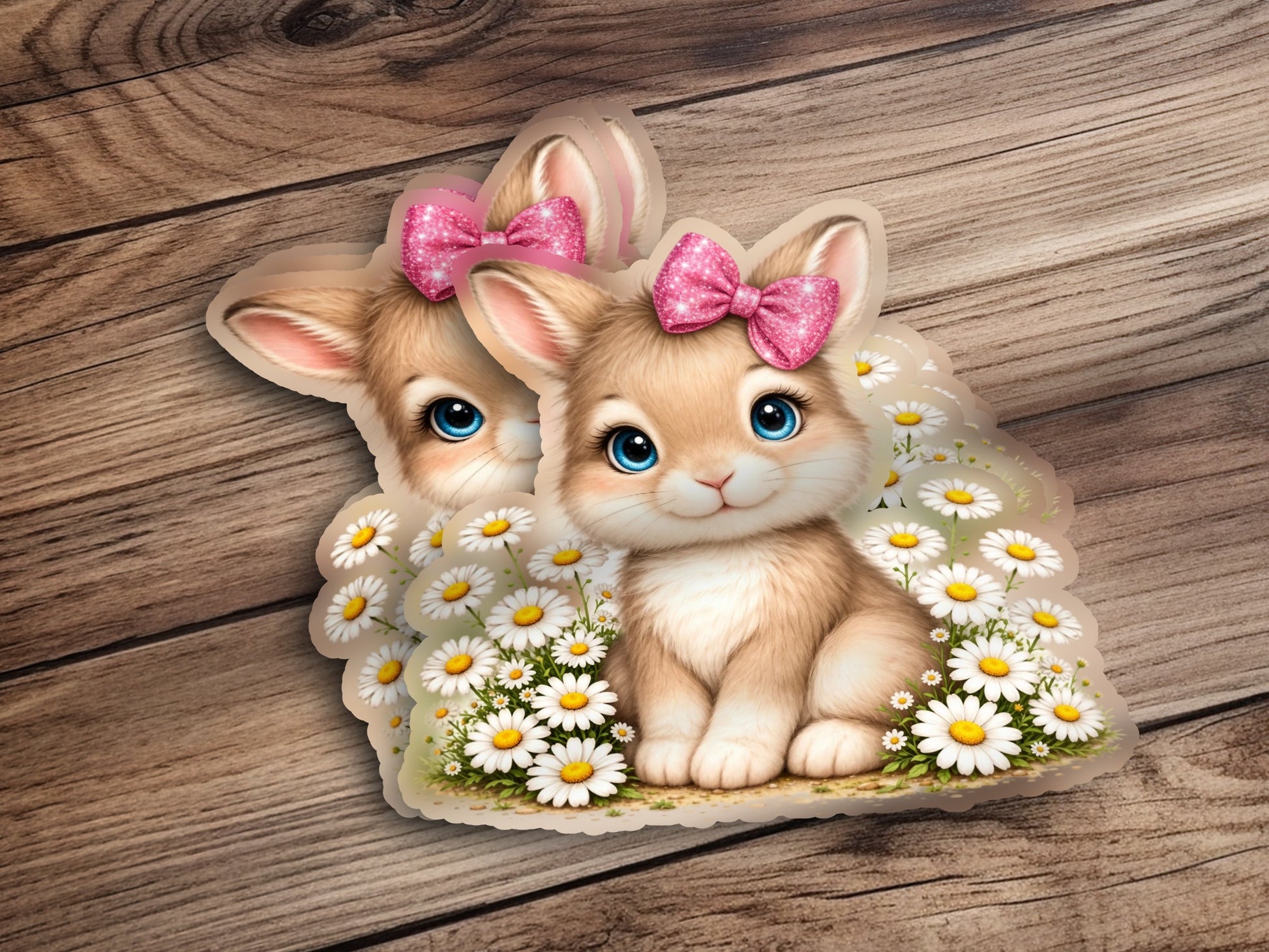 Two cartoon bunnies with pink bows sit in a field of daisies.
