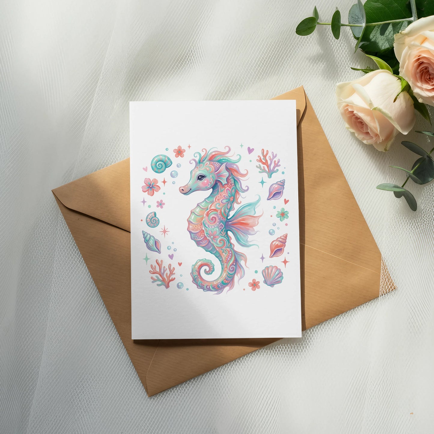 Illustration of a whimsical seahorse surrounded by seashells and flowers on a card.