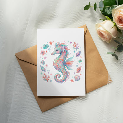 Illustration of a whimsical seahorse surrounded by seashells and flowers on a card.