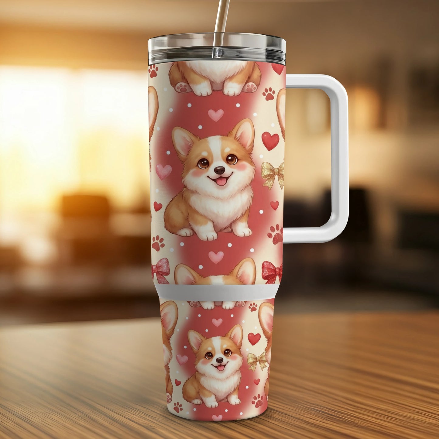 30 oz tumbler with a cute corgi and heart pattern.
