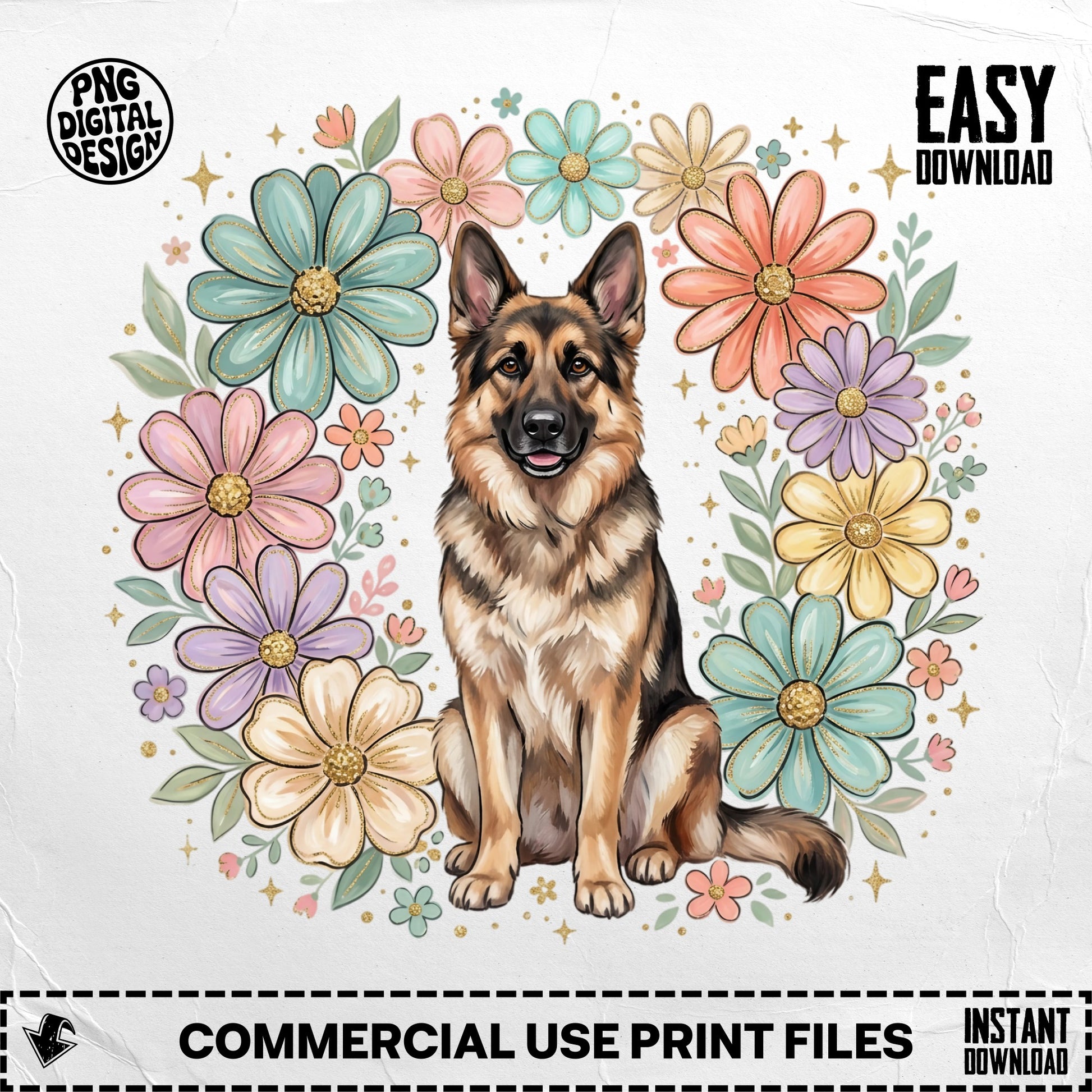 German Shepherd dog sits surrounded by colorful floral wreath, with "EASY DOWNLOAD" text.
