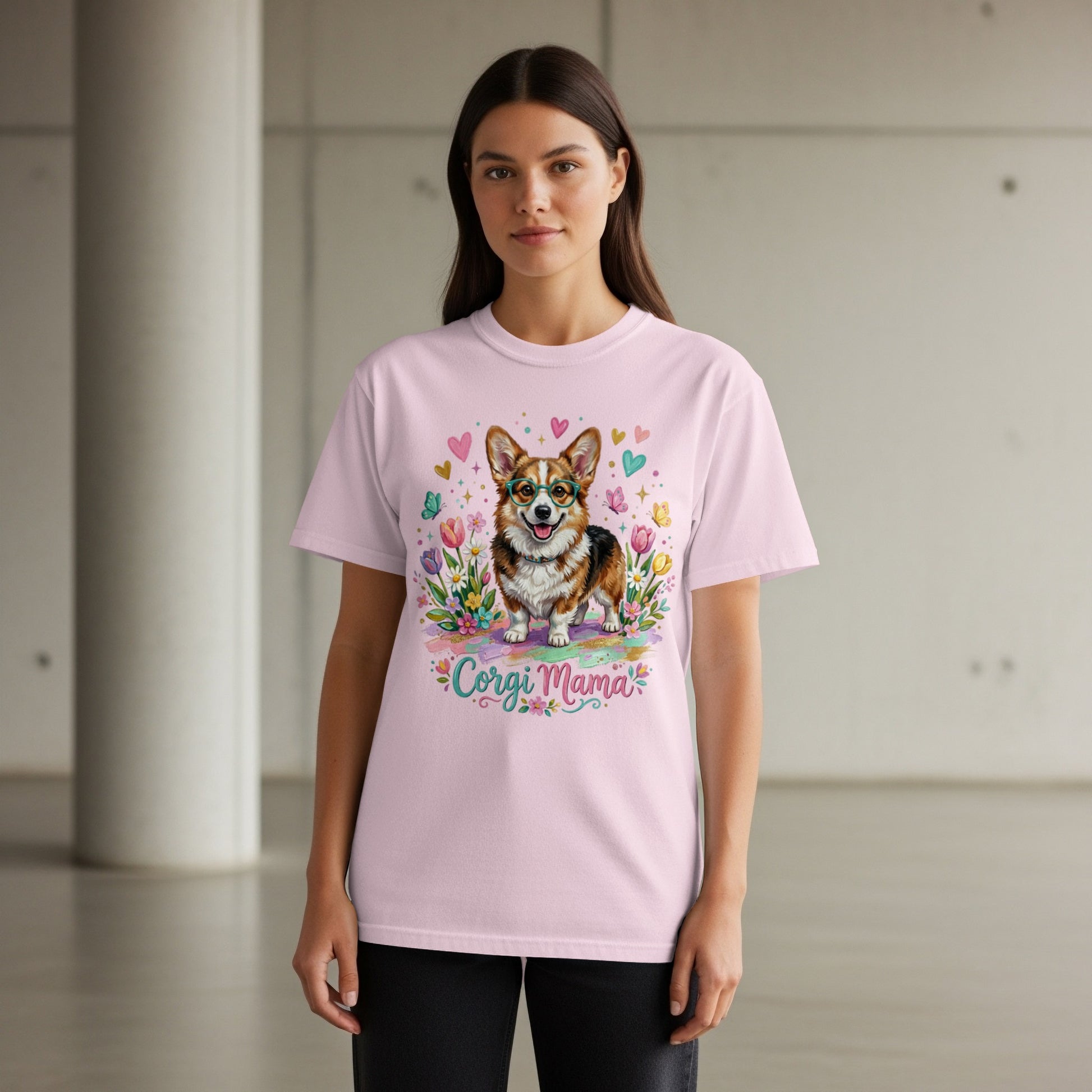 Pink t-shirt with a cute corgi and "Corgi Mama" text, surrounded by flowers and hearts.