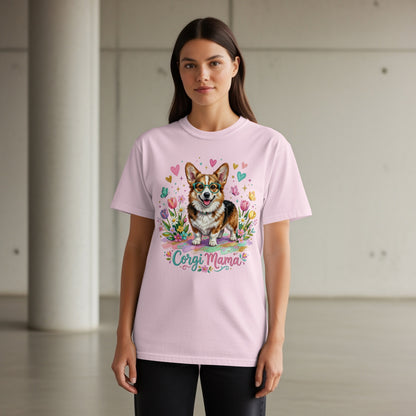 Pink t-shirt with a cute corgi and "Corgi Mama" text, surrounded by flowers and hearts.