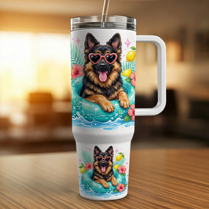 German Shepherd in inflatable ring with heart sunglasses, tropical flowers, lemons.