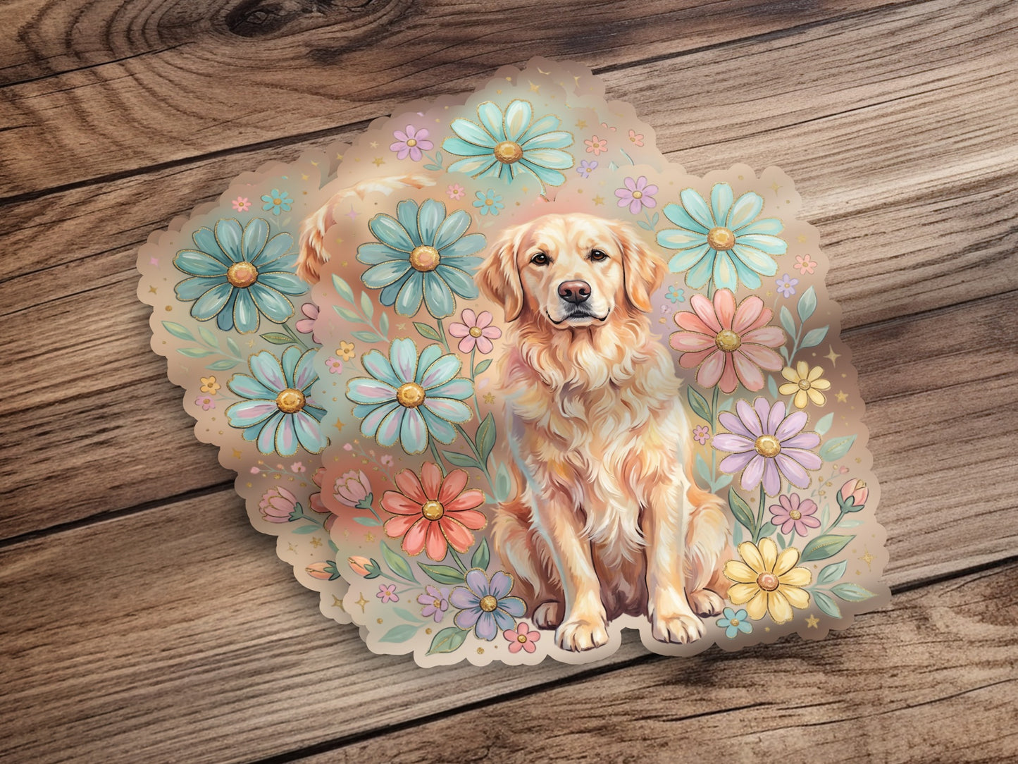 Golden retriever dog sitting amongst colorful pastel flowers on a wooden background.