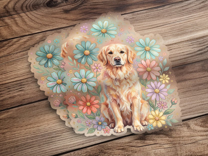 Golden retriever dog sitting amongst colorful pastel flowers on a wooden background.