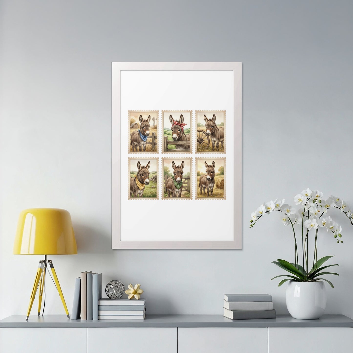 Six framed postage stamps featuring donkeys in a barnyard scene.