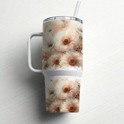 White travel tumbler with floral and leopard print design and straw.