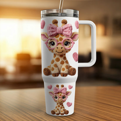 White tumbler with a cartoon giraffe wearing pink glasses and a bow.