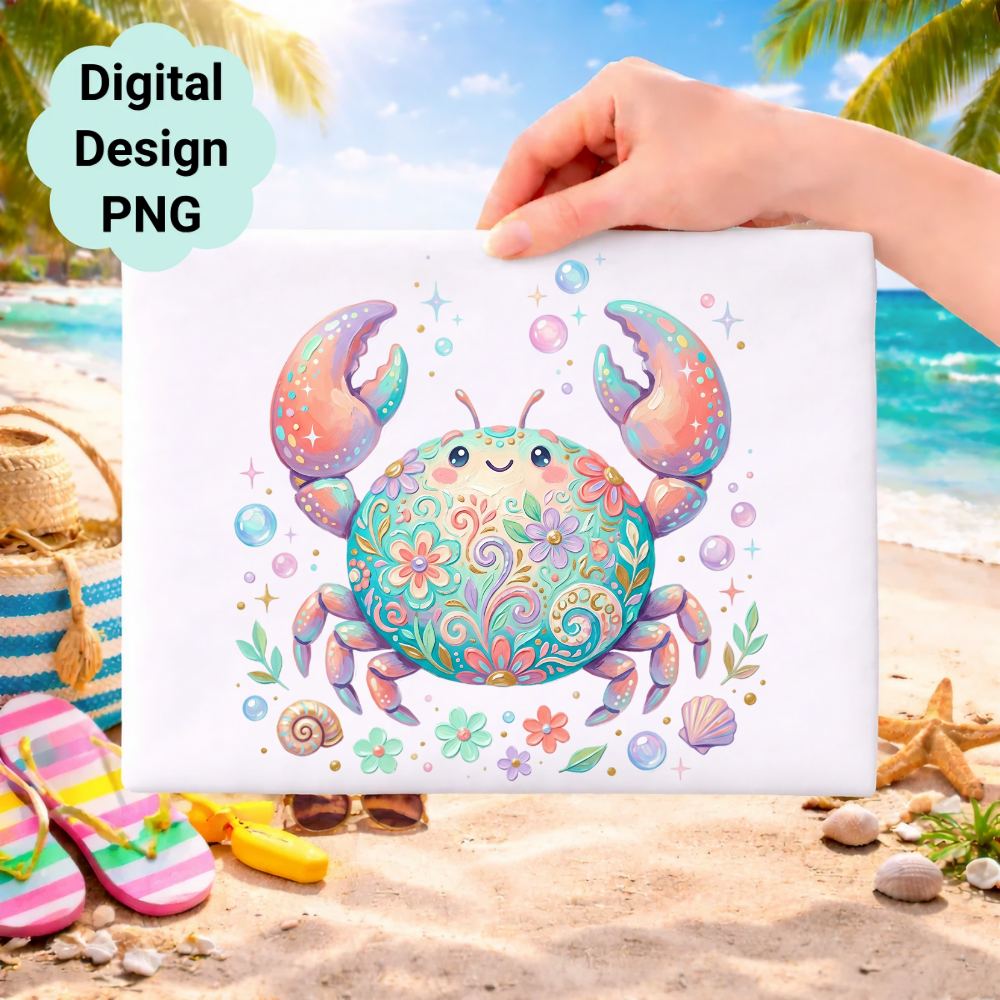 Cartoon crab with floral designs, beach background.