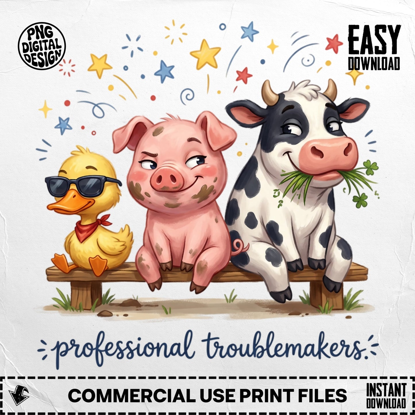 Cartoon pig, duck, and cow sitting on a bench with "professional troublemakers" text.