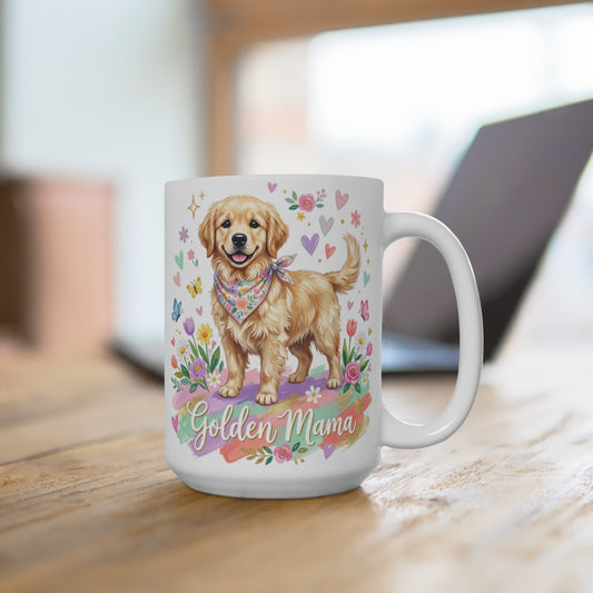 Golden Retriever wearing a bandana on a mug with "Golden Mama" text.