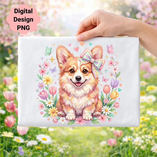 Corgi with floral wreath and butterflies, pastel bow on head.