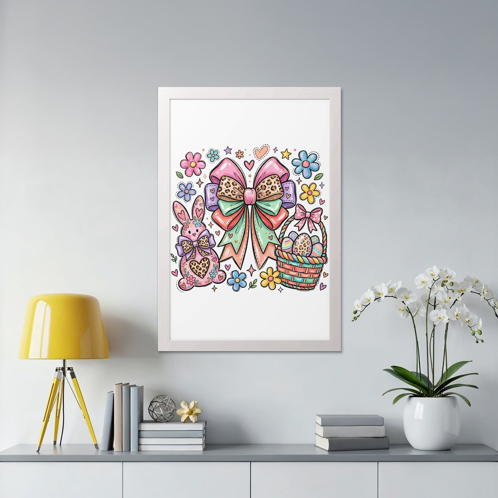 Easter artwork featuring a bunny, bow, eggs, and basket.