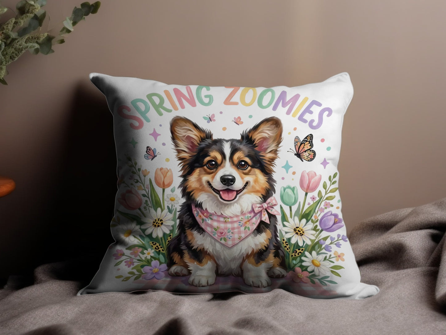 Corgi dog wearing bandana with "Spring Zoomies" and butterflies.