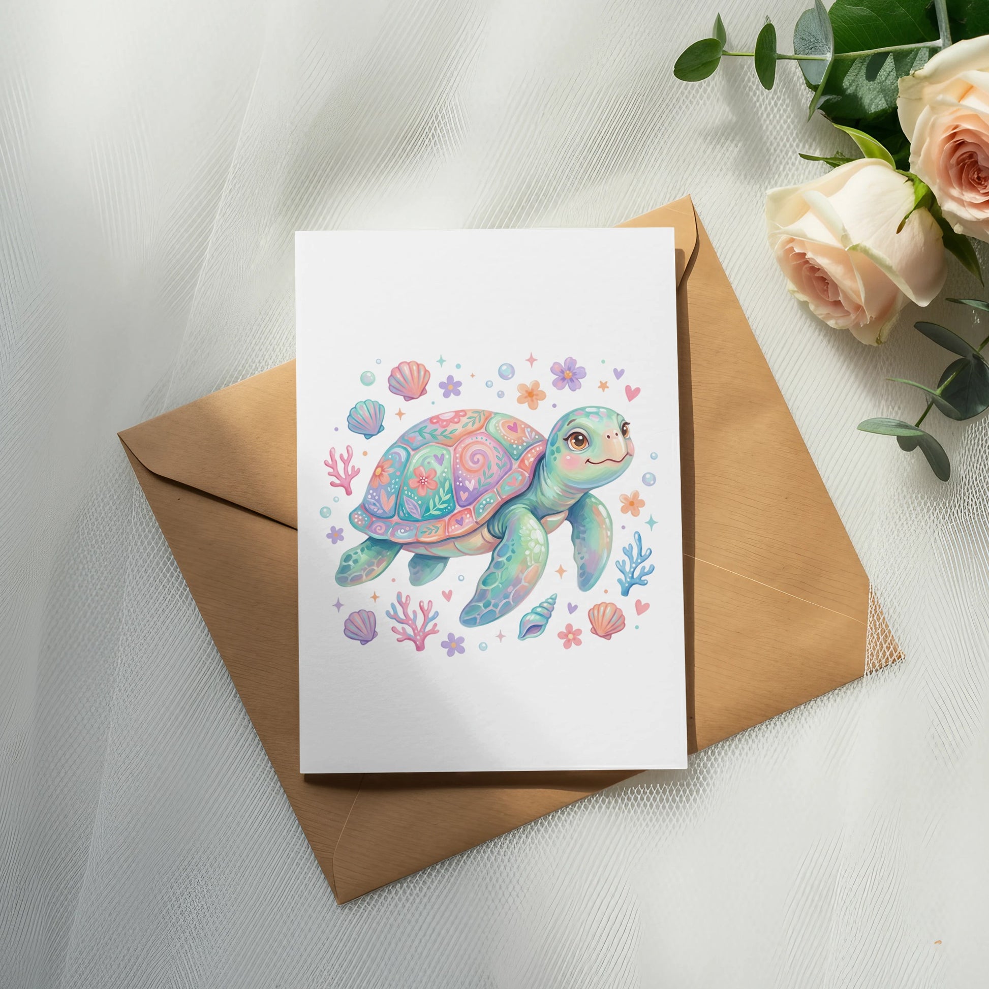 Colorful illustration of a sea turtle on a card, surrounded by shells and coral.