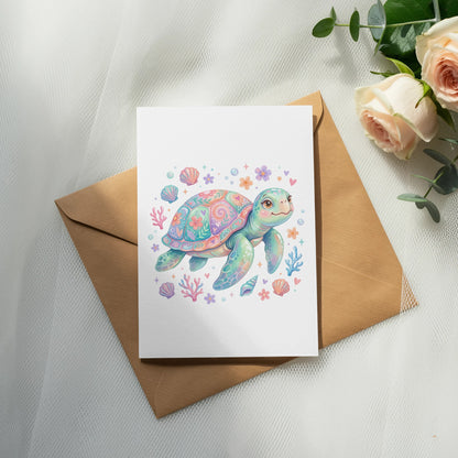 Colorful illustration of a sea turtle on a card, surrounded by shells and coral.
