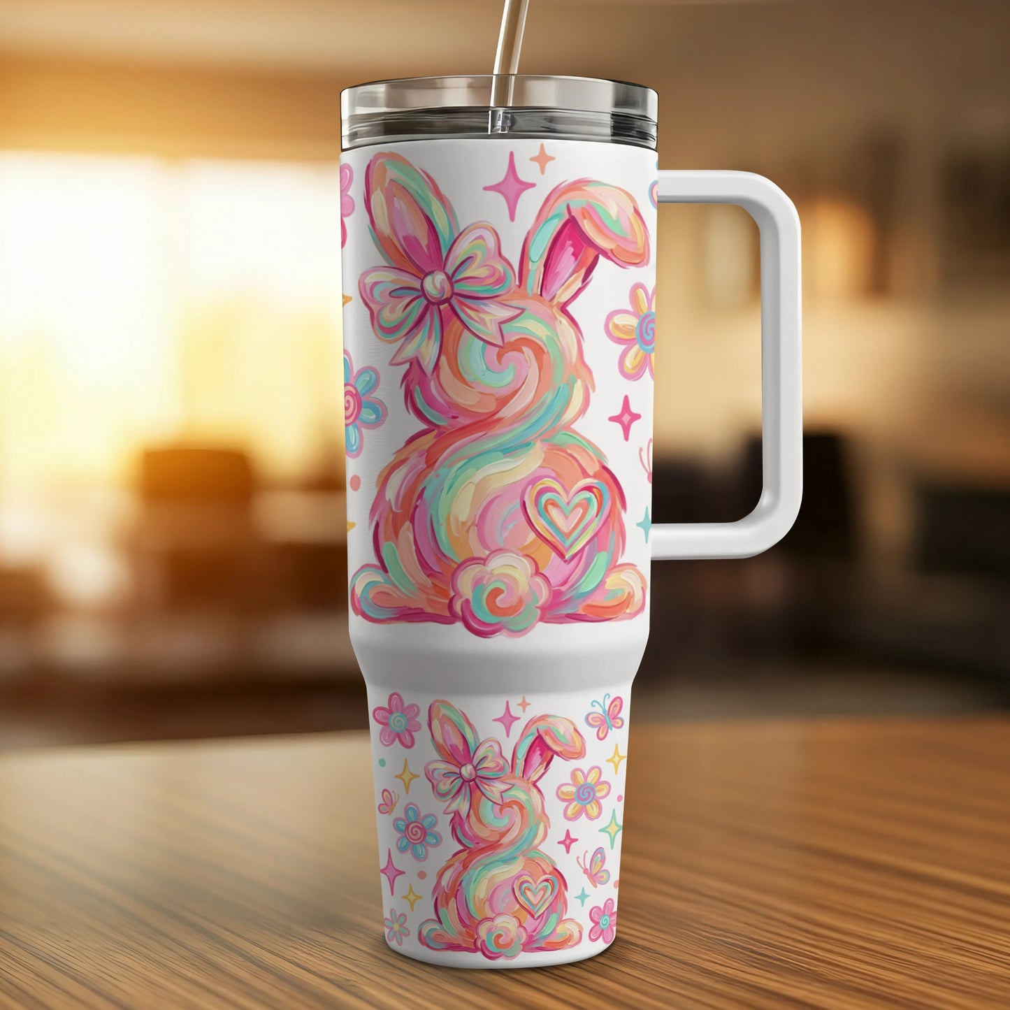 Colorful Easter bunny tumbler with bow and flowers.