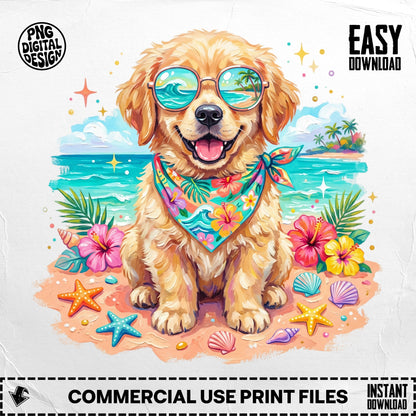 Happy golden retriever puppy wearing sunglasses and bandana on beach.