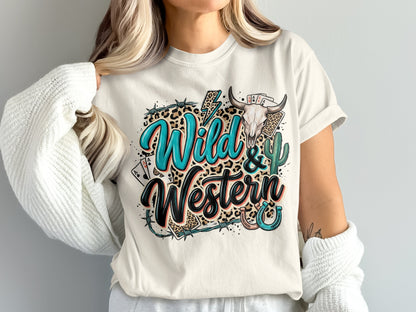 White t-shirt with "Wild & Western" text, skull, cards, and cactus graphic.