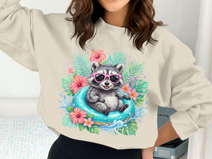 Cute raccoon with pink sunglasses on a donut float, surrounded by tropical flowers.