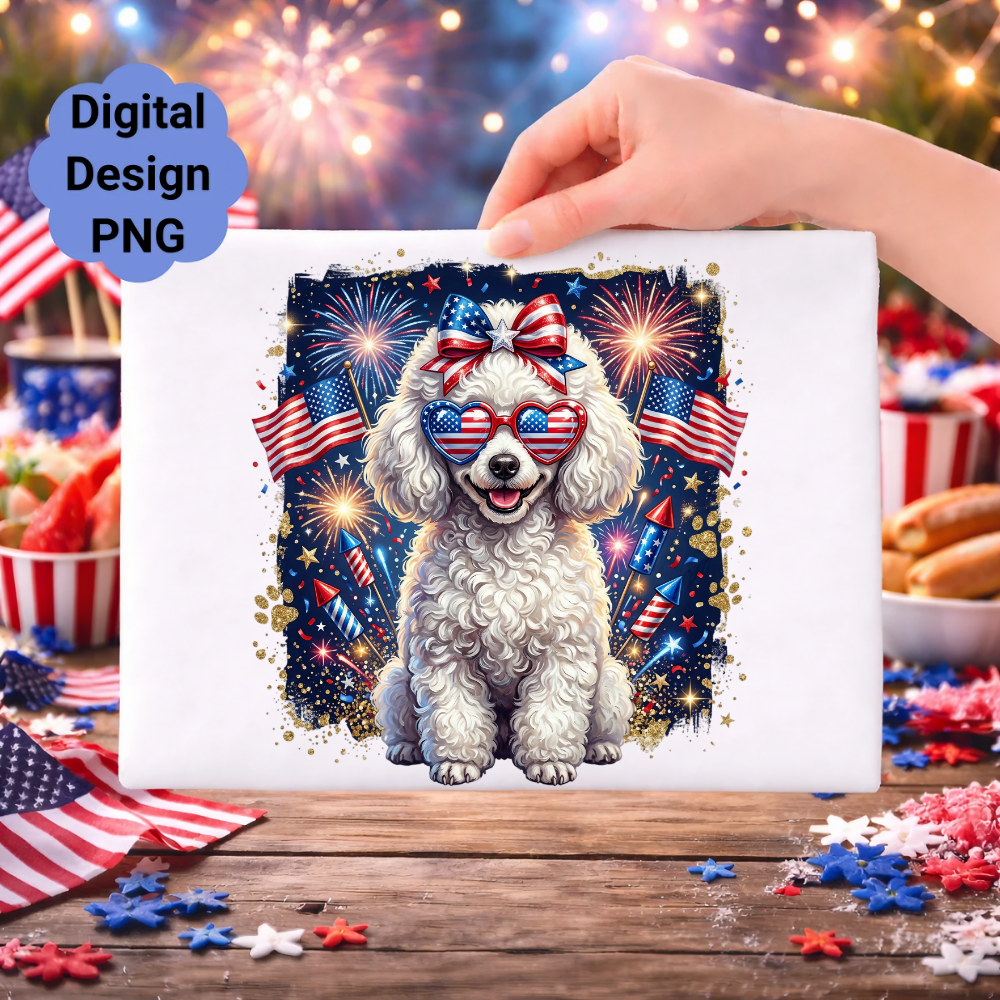 White poodle wearing heart-shaped sunglasses and a bow, with fireworks and American flags.