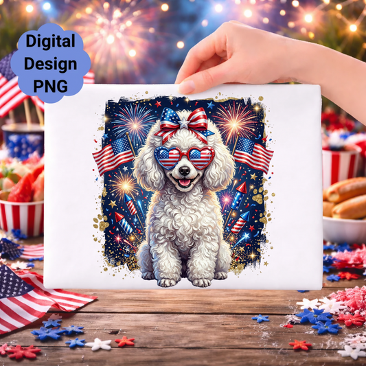 White poodle wearing heart-shaped sunglasses and a bow, with fireworks and American flags.