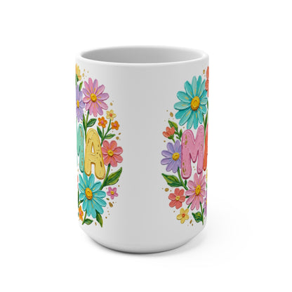 White mug with colorful floral letters spelling "Mama".