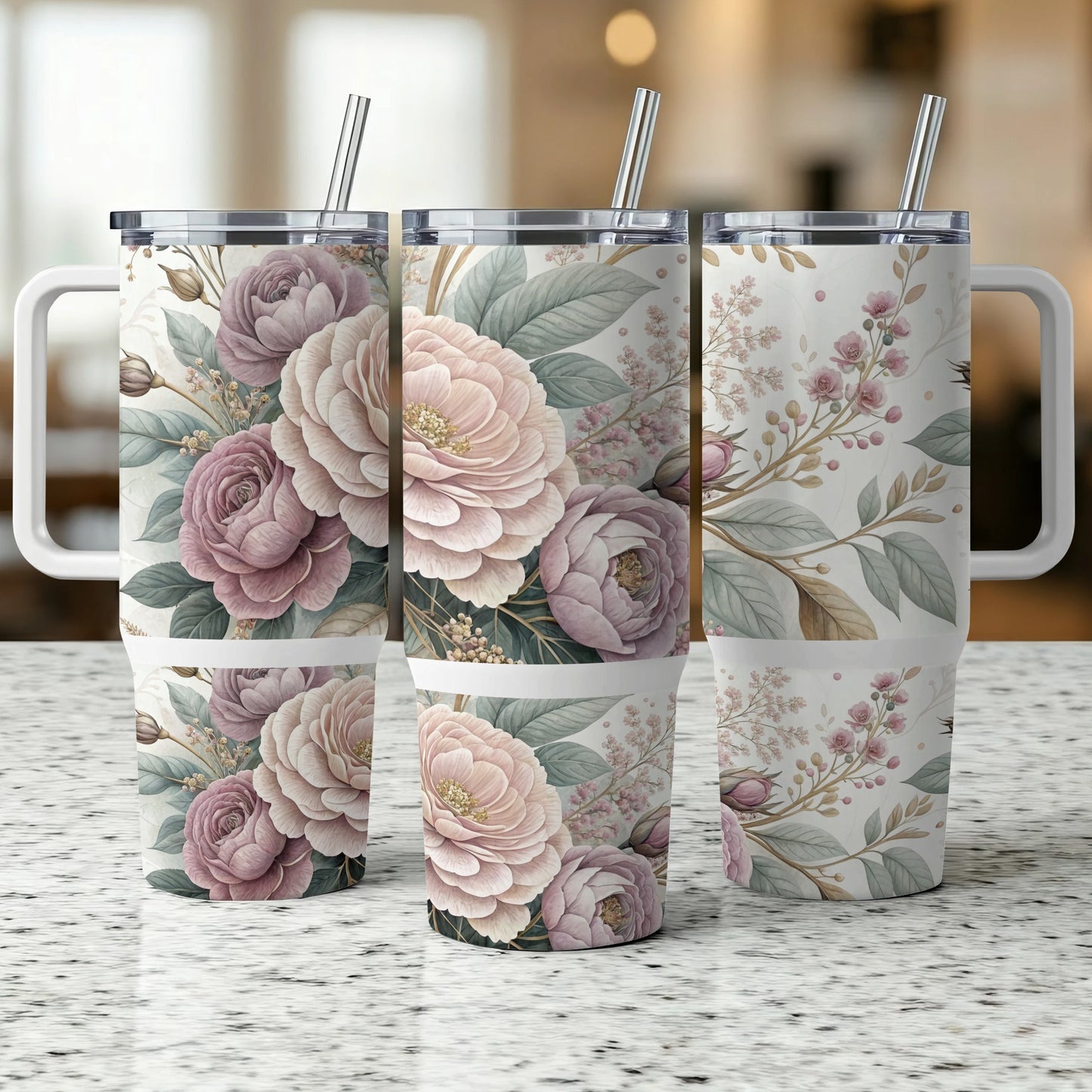 Three tumblers with a floral pattern of pink and purple roses and greenery.