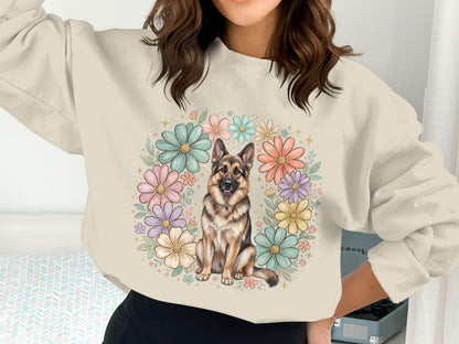 German Shepherd dog sitting inside a pastel floral wreath.