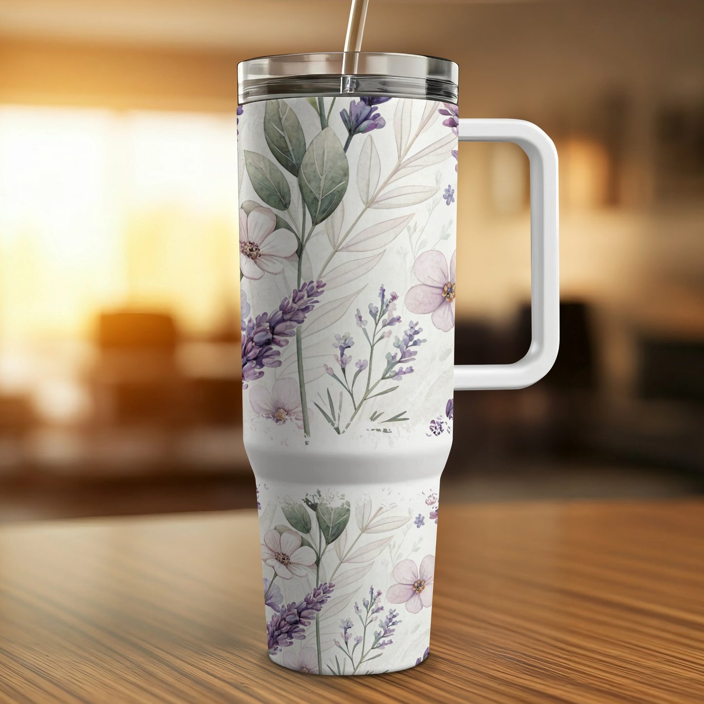 White tumbler with lavender and floral pattern, featuring a handle.