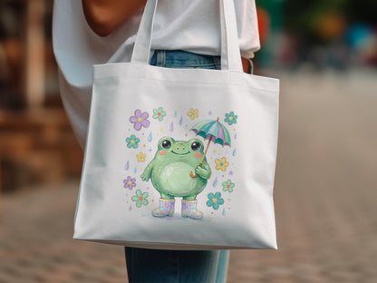 Cute frog wearing rain boots holds an umbrella surrounded by flowers and raindrops.