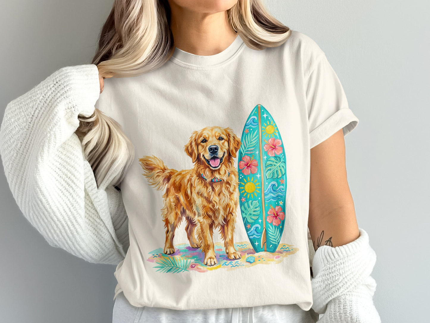 Golden Retriever with surfboard on beach, colorful floral design.
