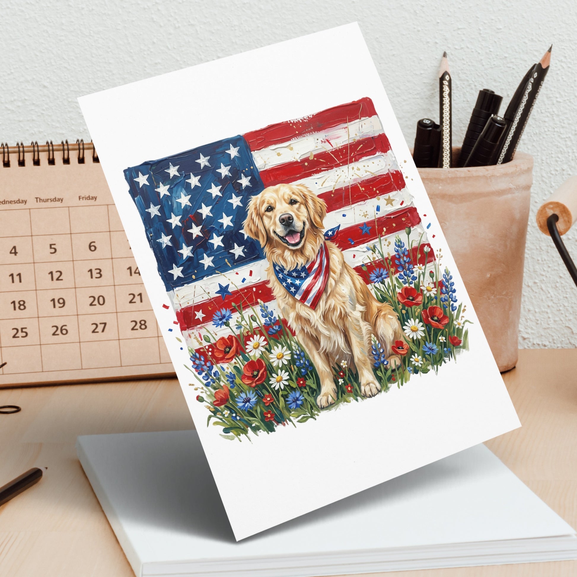 Golden retriever with American flag bandana and wildflowers.