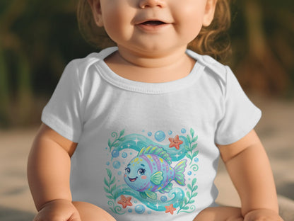 Baby wearing white bodysuit with cartoon fish and bubbles graphic.