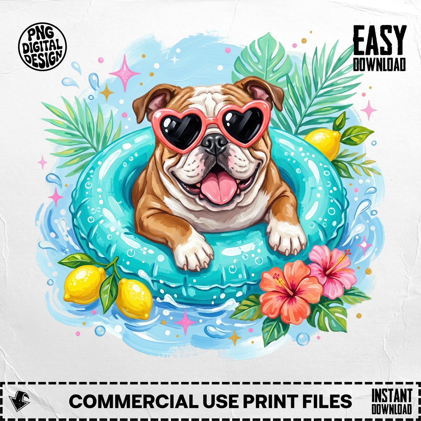 Bulldog in inner tube wearing heart sunglasses, surrounded by tropical leaves and flowers.
