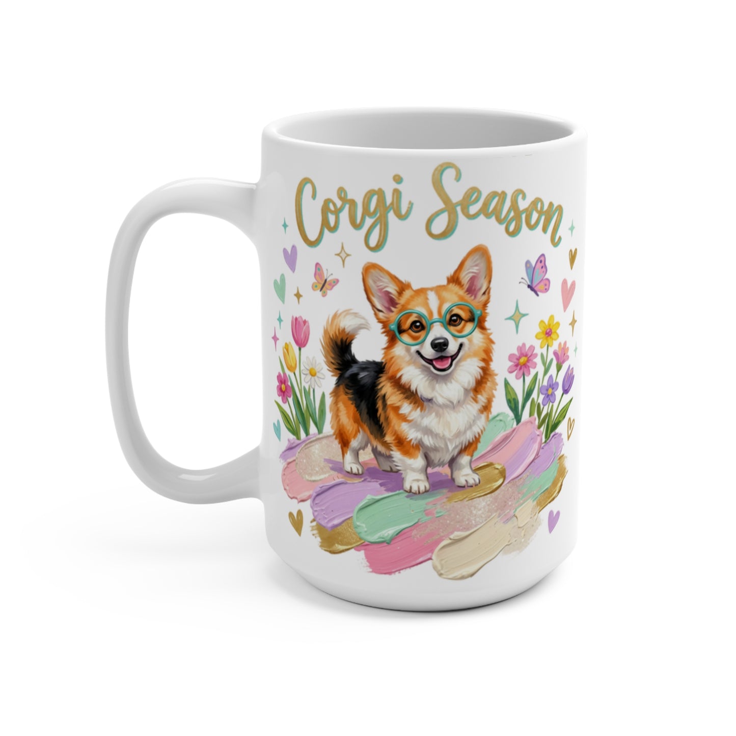 Corgi wearing glasses surrounded by colorful flowers and butterflies, text "Corgi Season".