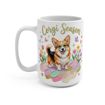 Corgi wearing glasses surrounded by colorful flowers and butterflies, text "Corgi Season".