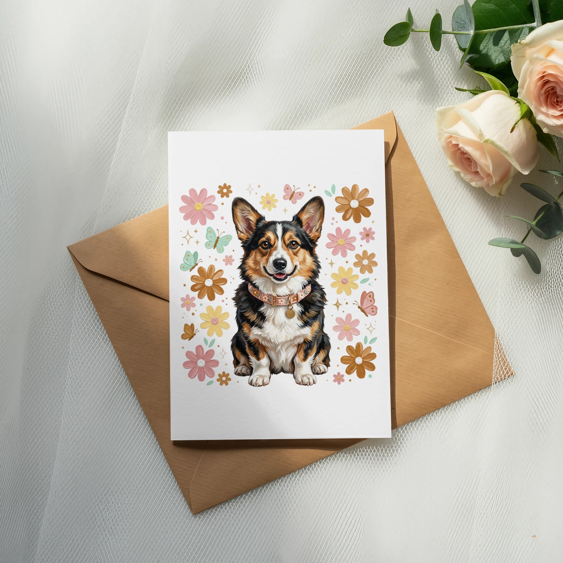 Corgi wearing a collar on a greeting card with flowers and butterflies.