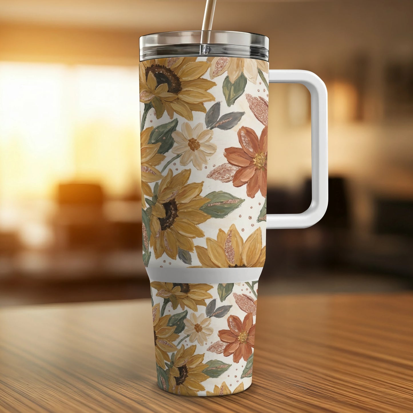 30-ounce tumbler with sunflowers and floral pattern, white handle.