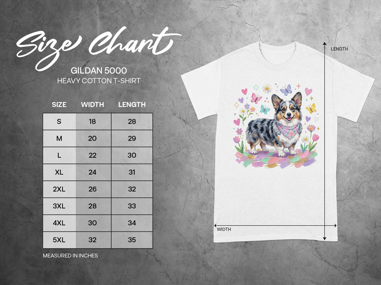 Gildan 5000 Heavy Cotton T-shirt size chart with measurements in inches.