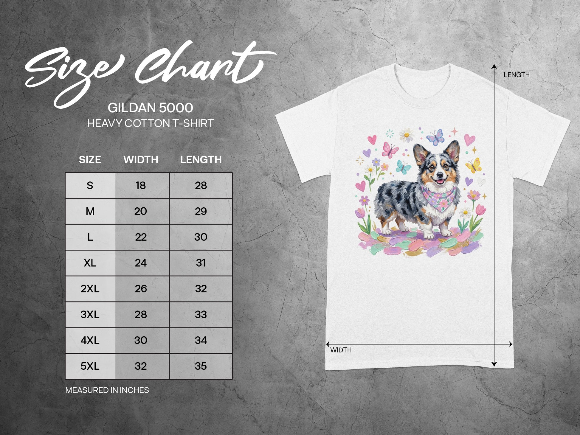 Gildan 5000 Heavy Cotton T-shirt size chart with measurements in inches.