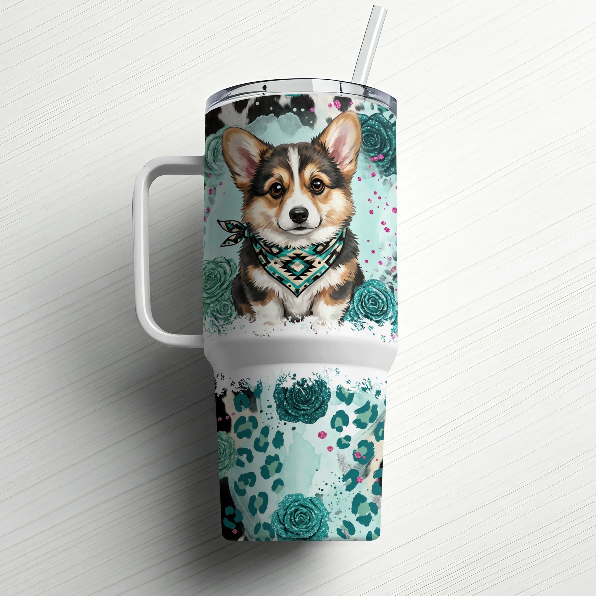 Corgi wearing bandana on a tumbler with floral and leopard print.