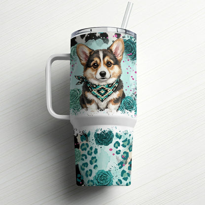 Corgi wearing bandana on a tumbler with floral and leopard print.
