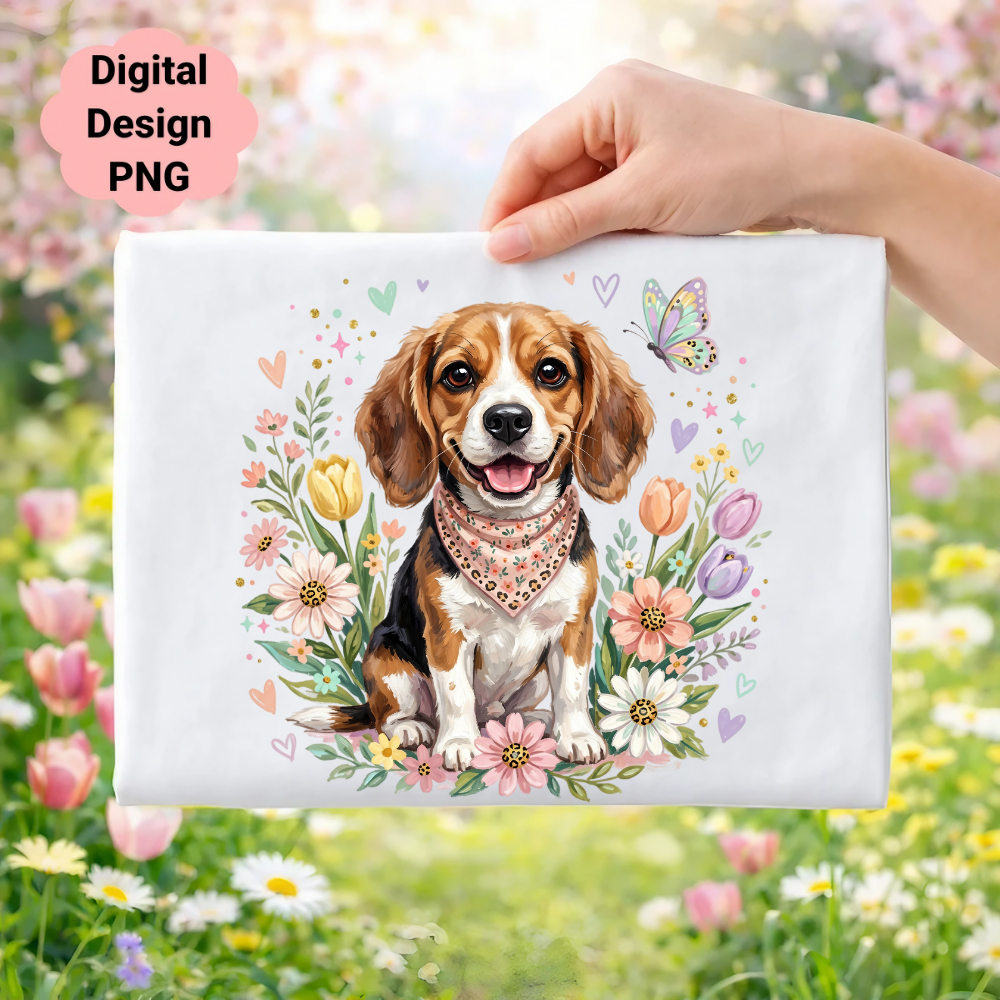Beagle dog with bandana surrounded by flowers and butterflies.