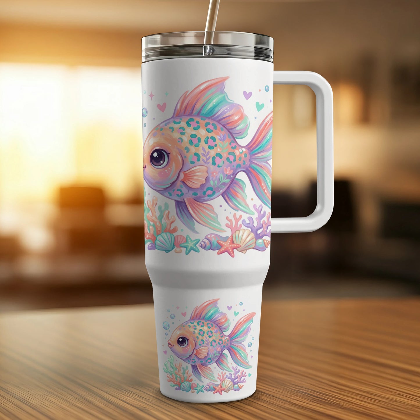 White tumbler with colorful fish, shells, and hearts design.