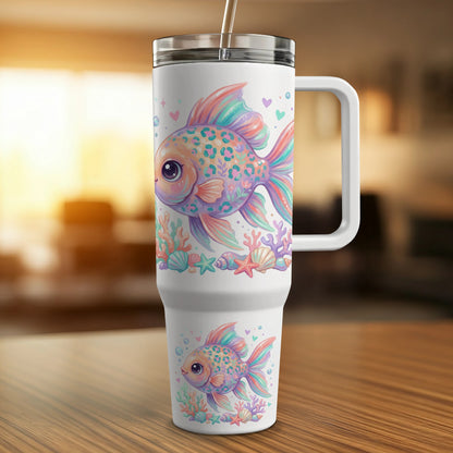 White tumbler with colorful fish, shells, and hearts design.