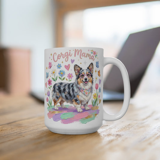 Mug featuring a watercolor corgi wearing glasses, with "Corgi Mama" text and colorful floral background.